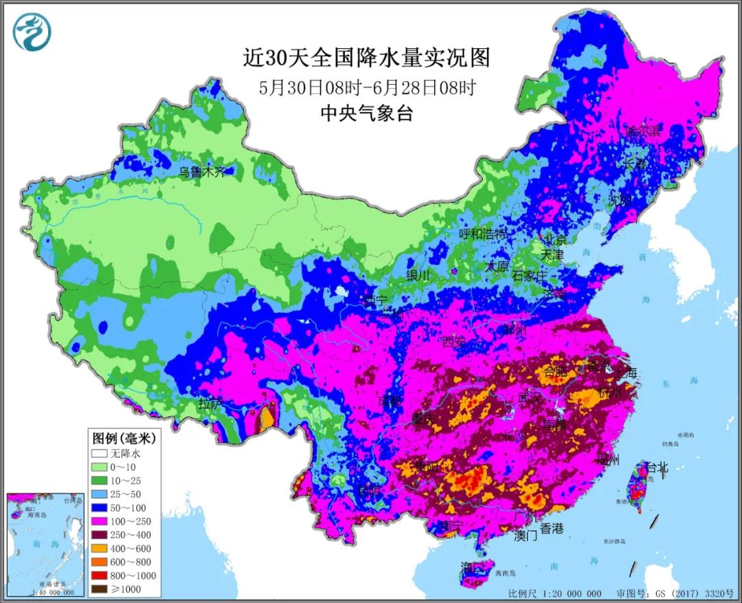 ▲圖為近30天全國降水實(shí)況圖。來源：中央氣象臺