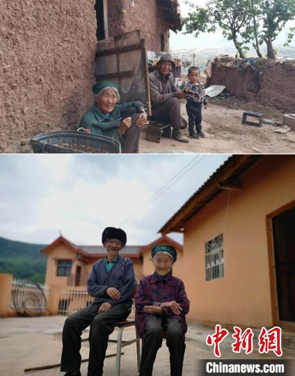 上圖為甲甲溝村村民羅木你坡夫婦所住的舊房，下圖為夫婦倆遷入的新居。(拼版圖) 張浪 攝