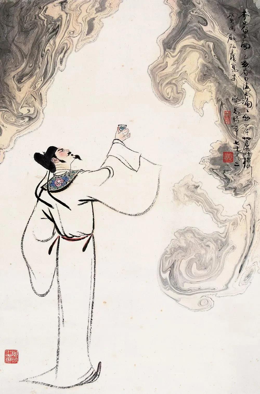 ▲“詩(shī)仙”李白勸自己喝酒：“舉杯邀明月，對(duì)飲成三人”。（圖片來(lái)源：三聯(lián)生活周刊）